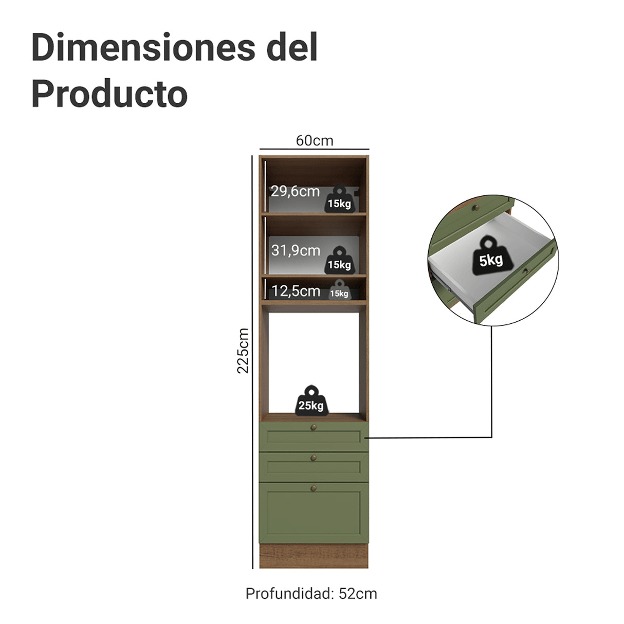 Módulo Para Microondas Vik Marrón y Verde 60x225cm con Una Puerta y con Tres Cajones
