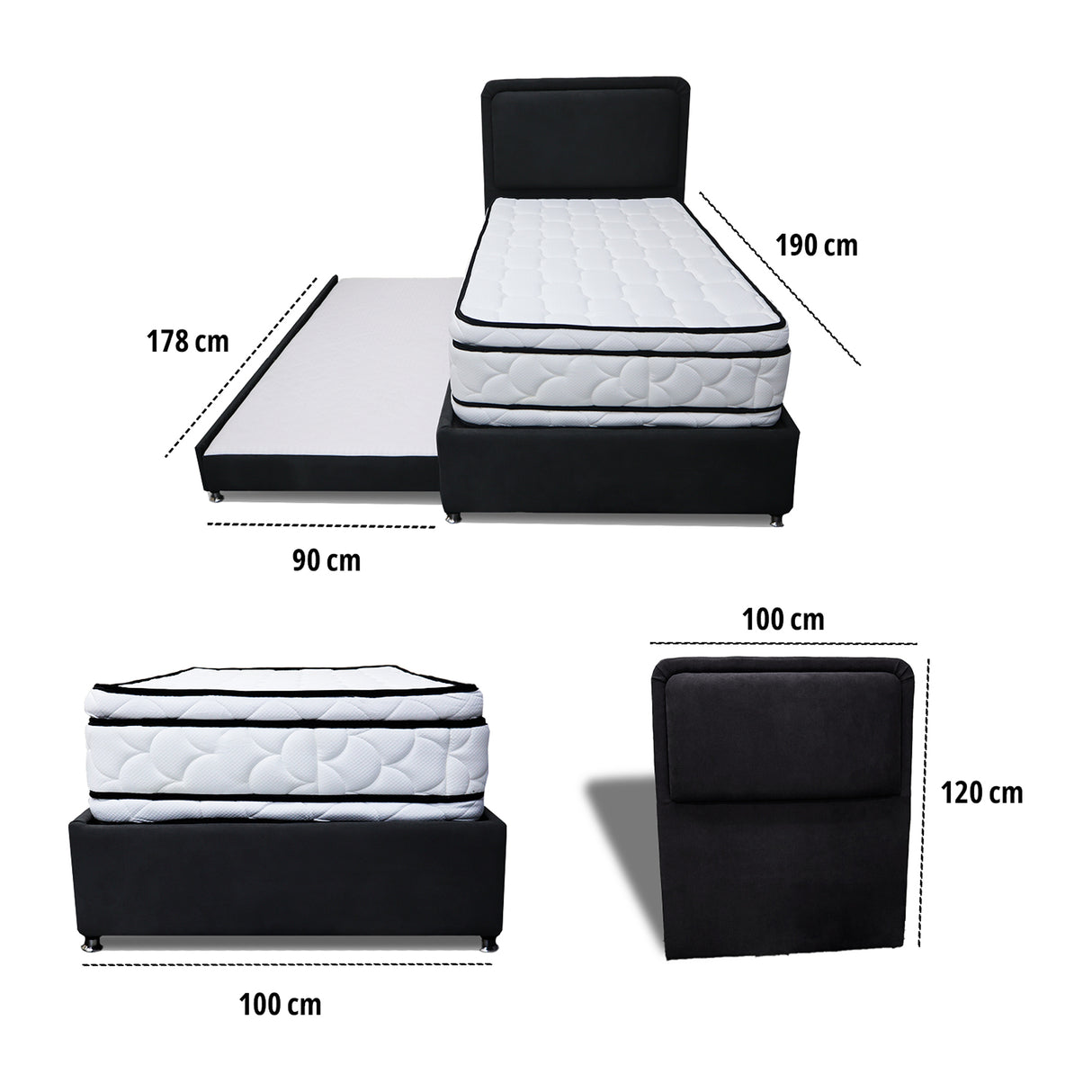 Combo Cama Tarima Nido y Cabecero Nube Negro 100x35cm para Colchón Sencillo 100 X 190 Cm con Colchón