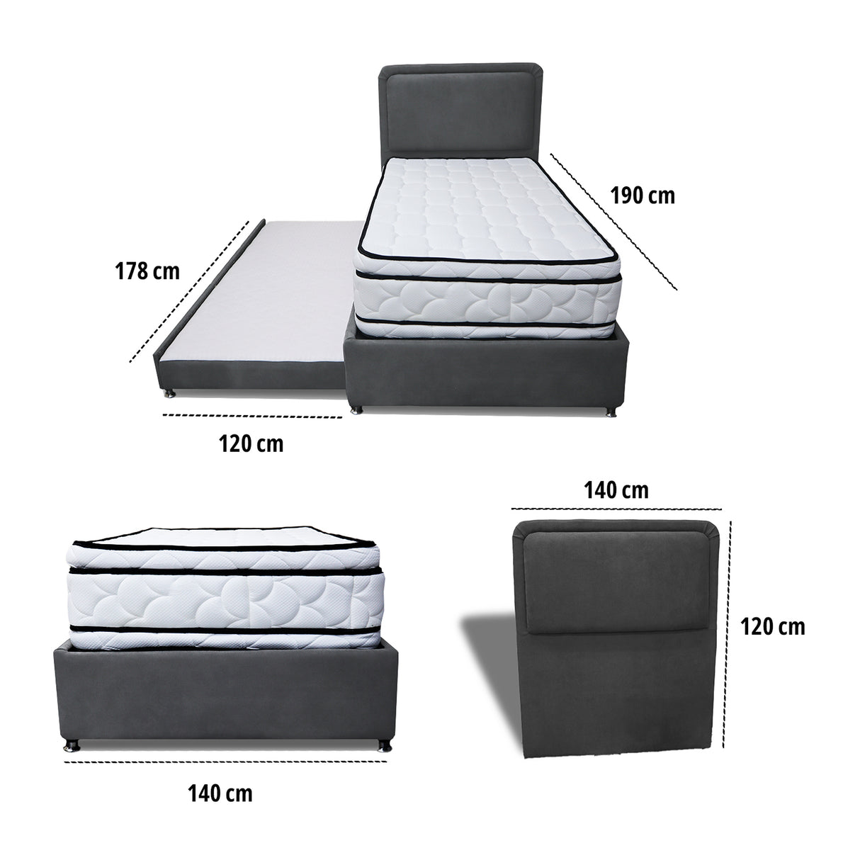 Combo Cama Tarima Nido y Cabecero Nube Gris Oscuro 140x35cm para Colchón Doble 140 X 190 Cm con Colchón
