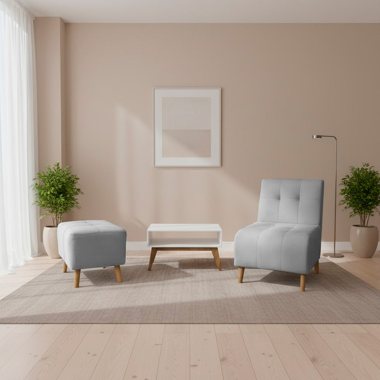 Combo Poltrona y Puff Milan Plata 60x95cm de Dos Puestos sin Apoya Brazos
