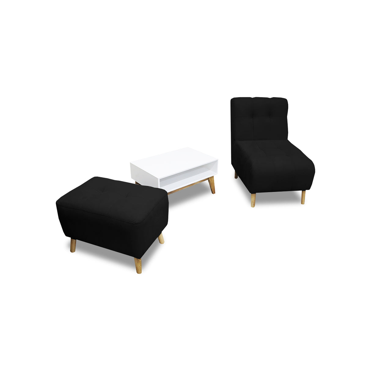 Combo Poltrona y Puff Milan Negro 60x95cm de Dos Puestos sin Apoya Brazos