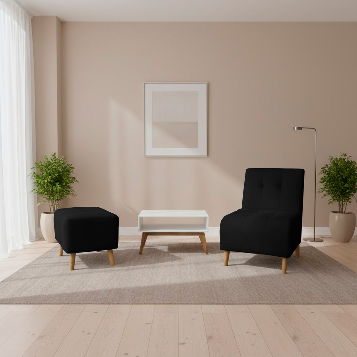 Combo Poltrona y Puff Milan Negro 60x95cm de Dos Puestos sin Apoya Brazos