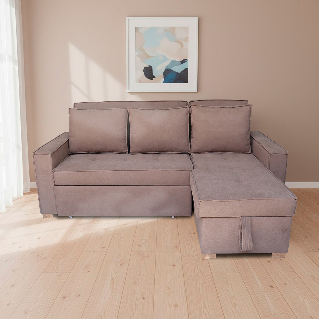 Sofá Cama Esquinero Marsella Camel 210x95cm de Cinco Puestos Reclinable con Apoya Brazos