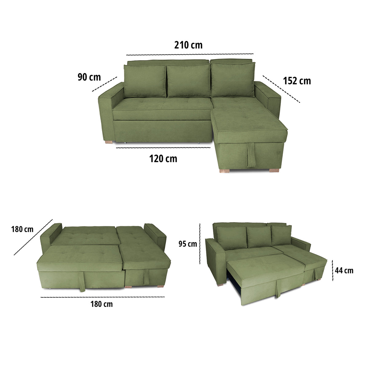 Sofá Cama Esquinero Marsella Verde 210x95cm de Cinco Puestos Reclinable con Apoya Brazos