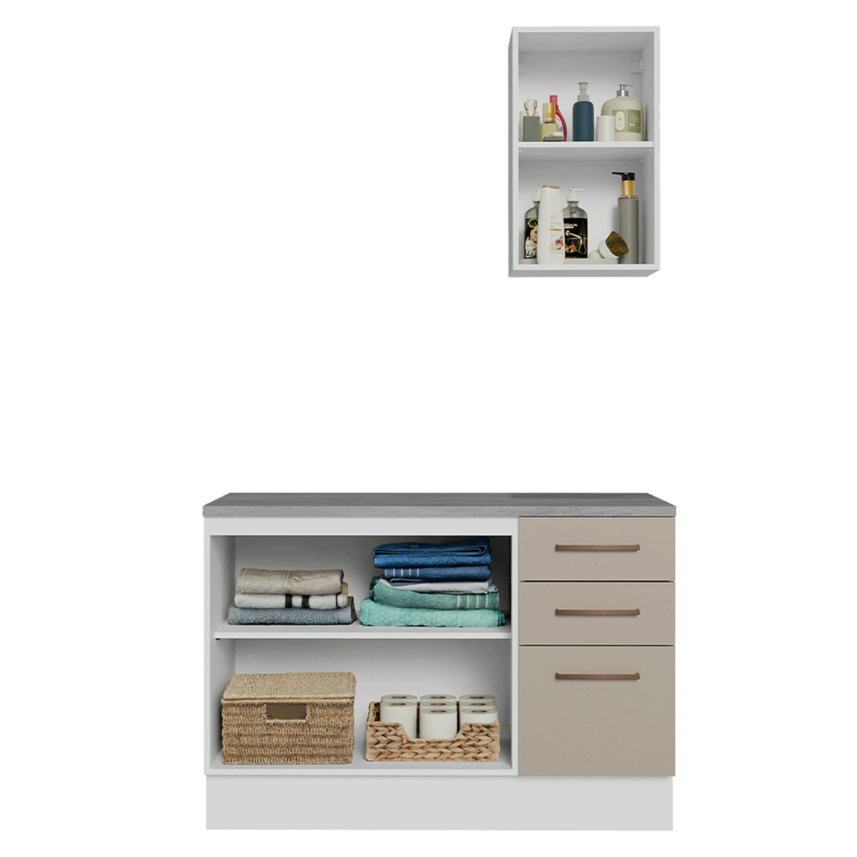 Mueble para Baño Agata Blanco y Crema 120x225cm Individual sin Lavamanos con Tres Cajones y Tres Puertas