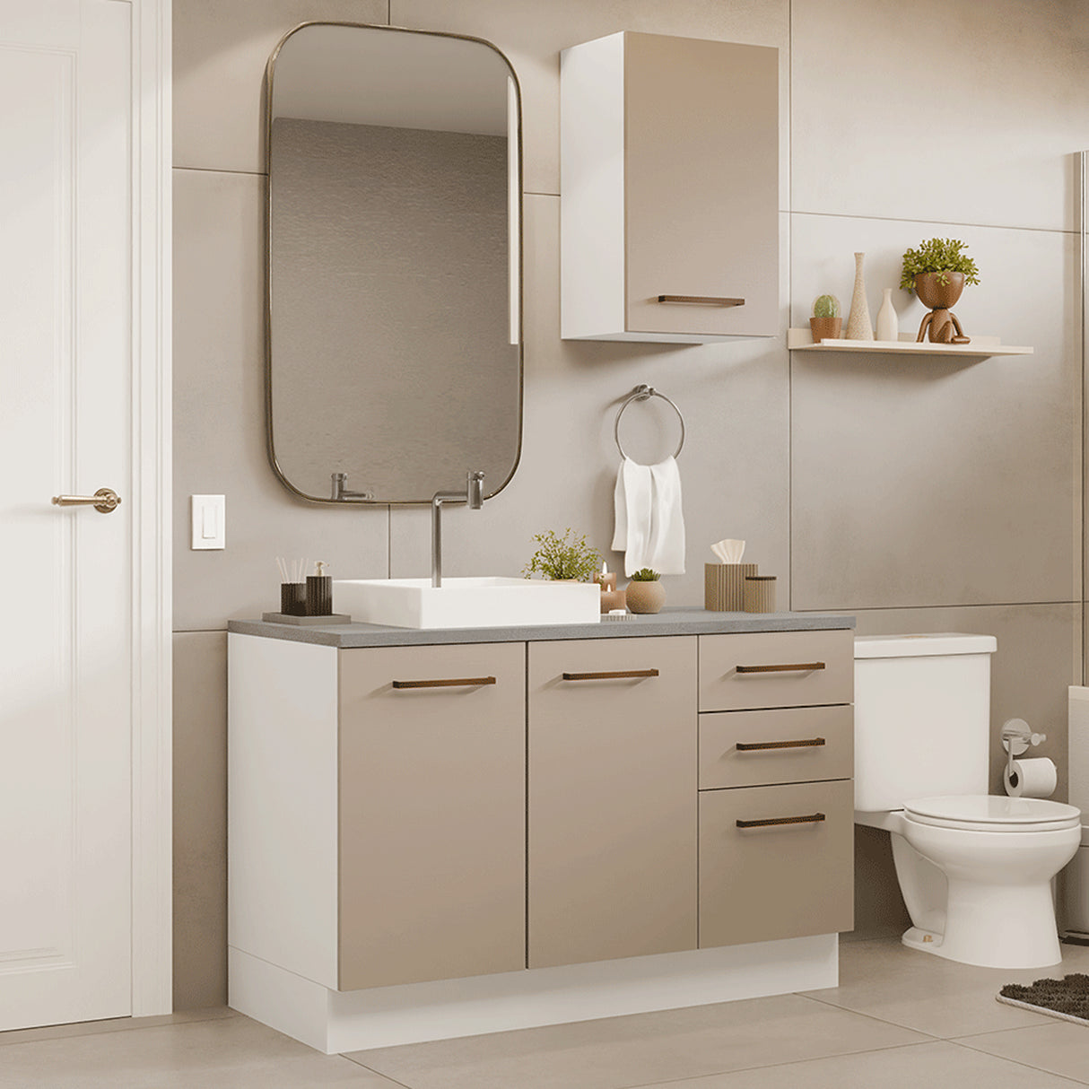 Mueble para Baño Agata Blanco y Crema 120x225cm Individual sin Lavamanos con Tres Cajones y Tres Puertas