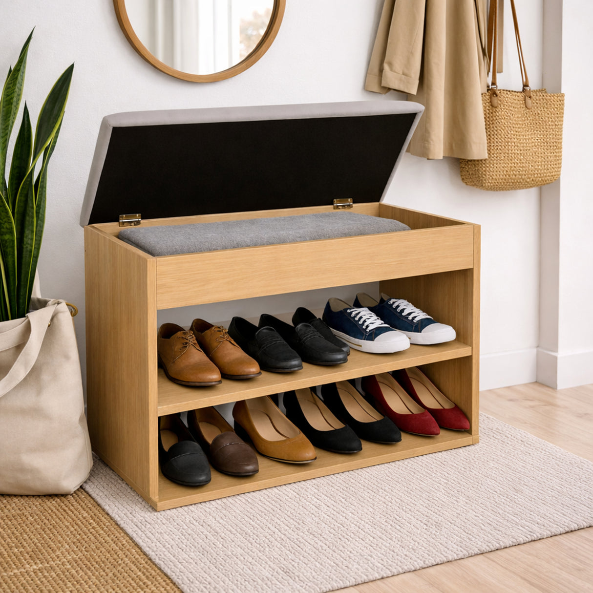 Zapatero Gris yFresno 60x43cm Horizontal de Dos Niveles con Asiento Integrado y para Seis Pares