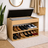 Zapatero Gris yFresno 60x43cm Horizontal de Dos Niveles con Asiento Integrado y para Seis Pares
