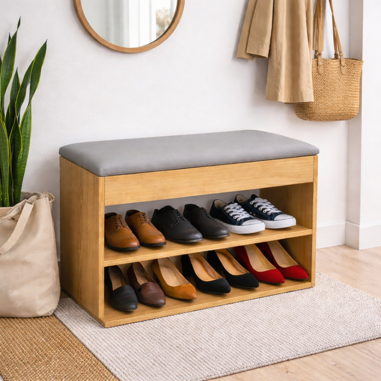 Zapatero Gris yFresno 60x43cm Horizontal de Dos Niveles con Asiento Integrado y para Seis Pares