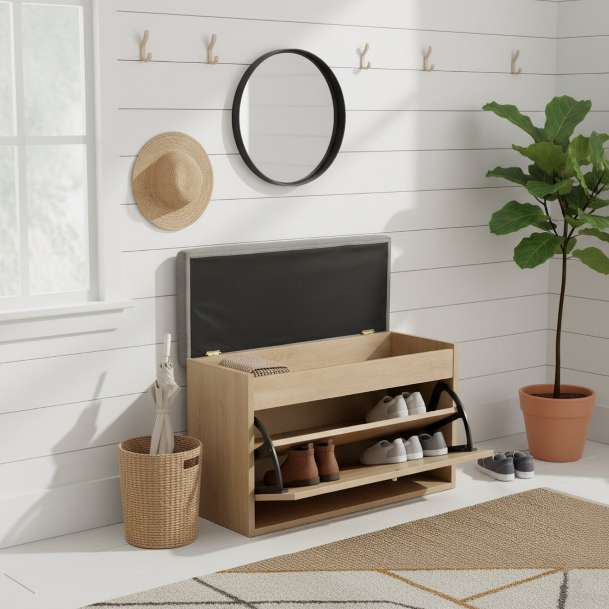 Zapatero Gris yFresno 80x47cm Horizontal de Dos Niveles con Asiento Integrado y para Ocho Pares