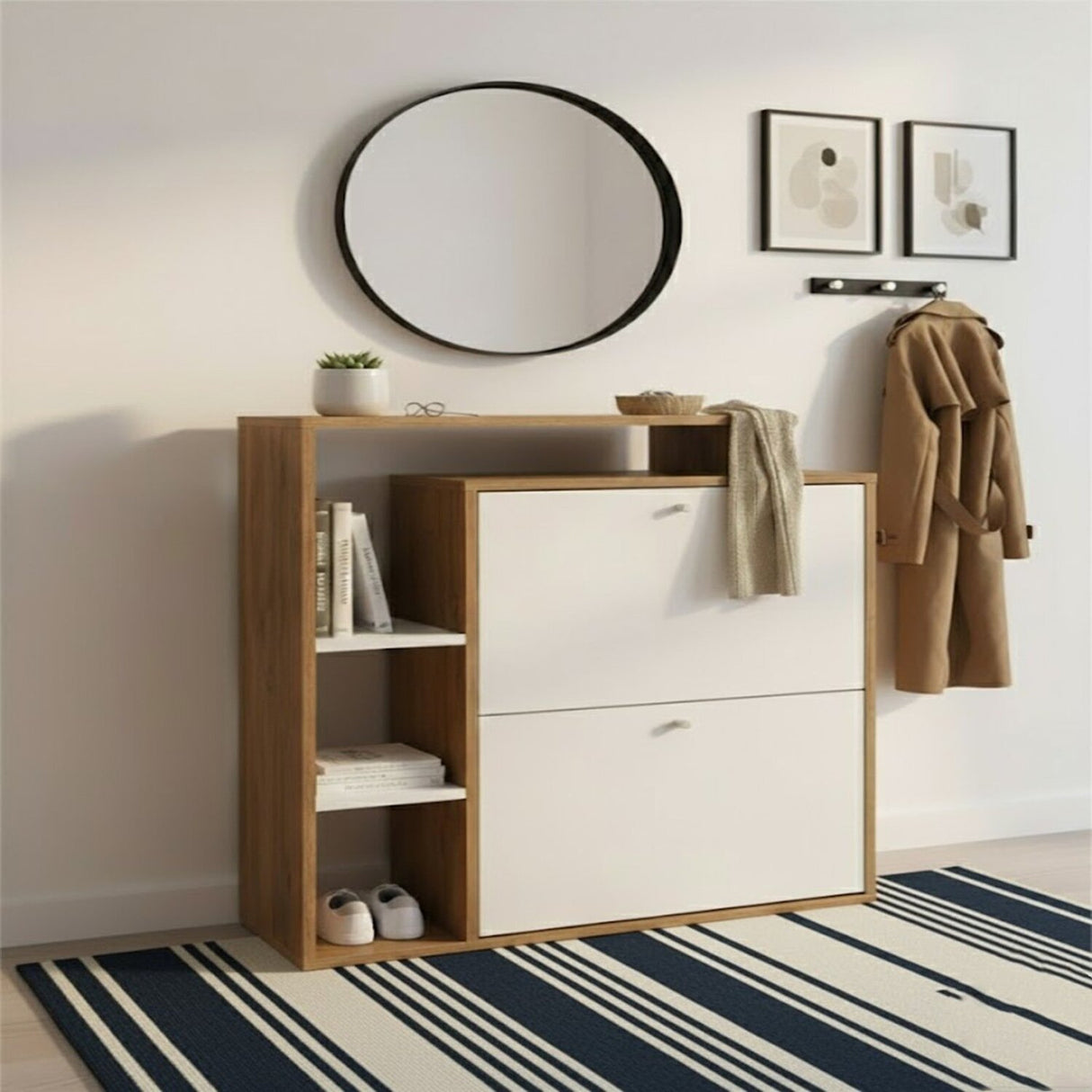 Zapatero Jenny Blanco yMadera 80x90cm Horizontal de Dos Niveles y para Ocho Pares
