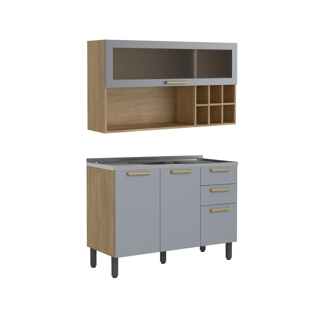 Cocina Integral Axe Arena Gris 120x153cm con Mesón de Acero Inoxidable de Pozuelo Centro sin Estufa