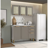 Cocina Integral Bella Cemento 120x138cm con Mesón de Acero Inoxidable de Pozuelo Centro sin Estufa y con Puerta de Rattan