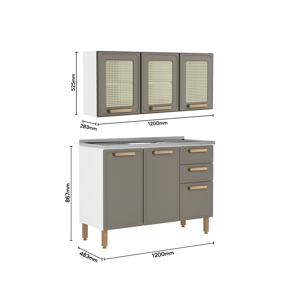 Cocina Integral Bella Cemento 120x138cm con Mesón de Acero Inoxidable de Pozuelo Centro sin Estufa y con Puerta de Rattan