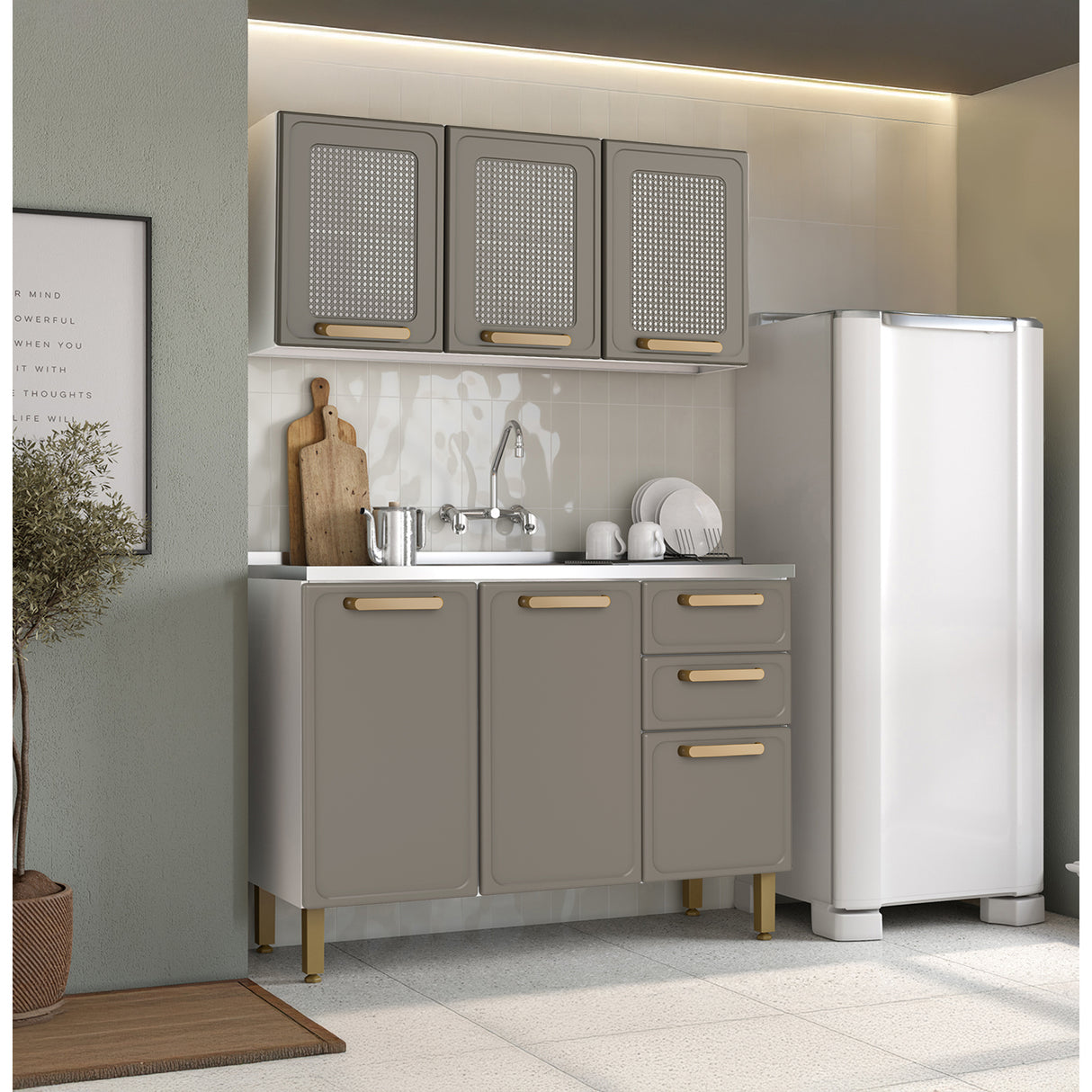 Cocina Integral Bella Cemento 120x138cm con Mesón de Acero Inoxidable sin Estufa y con Puerta Pecan