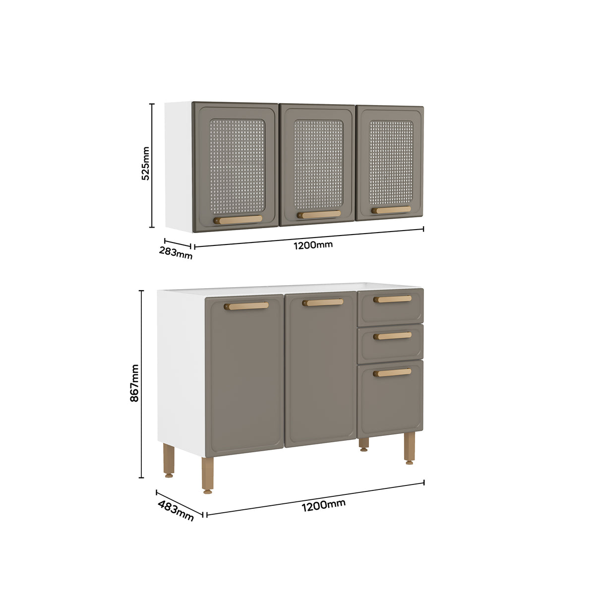 Cocina Integral Bella Cemento 120x138cm con Mesón de Acero Inoxidable sin Estufa y con Puerta Pecan