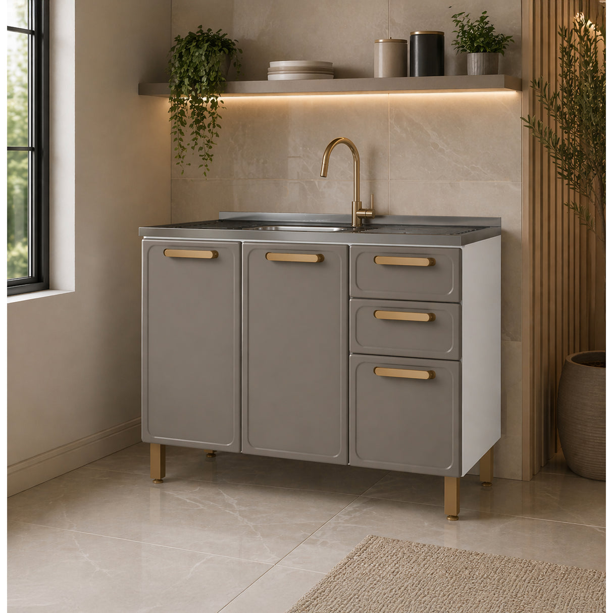 Mueble Inferior de Cocina Bella Cemento 120x86cm con Mesón de Acero Inoxidable de Pozuelo Centro y sin Estufa