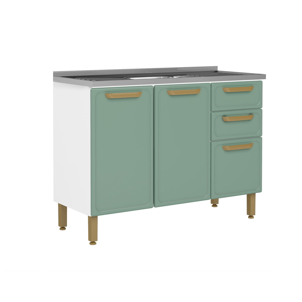 Mueble Inferior de Cocina Bella Verde 120x86cm con Mesón de Acero Inoxidable de Pozuelo Centro y sin Estufa