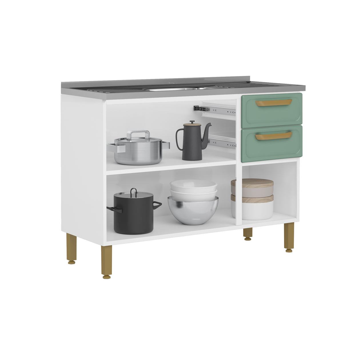 Mueble Inferior de Cocina Bella Verde 120x86cm con Mesón de Acero Inoxidable de Pozuelo Centro y sin Estufa