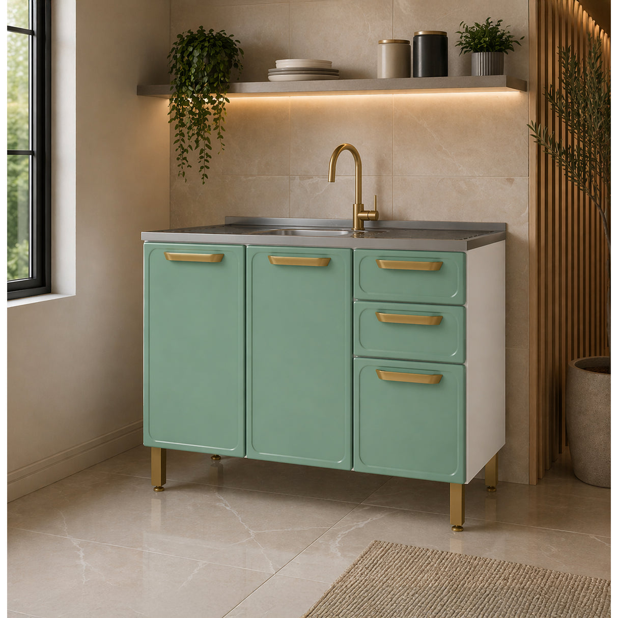 Mueble Inferior de Cocina Bella Verde 120x86cm con Mesón de Acero Inoxidable de Pozuelo Centro y sin Estufa