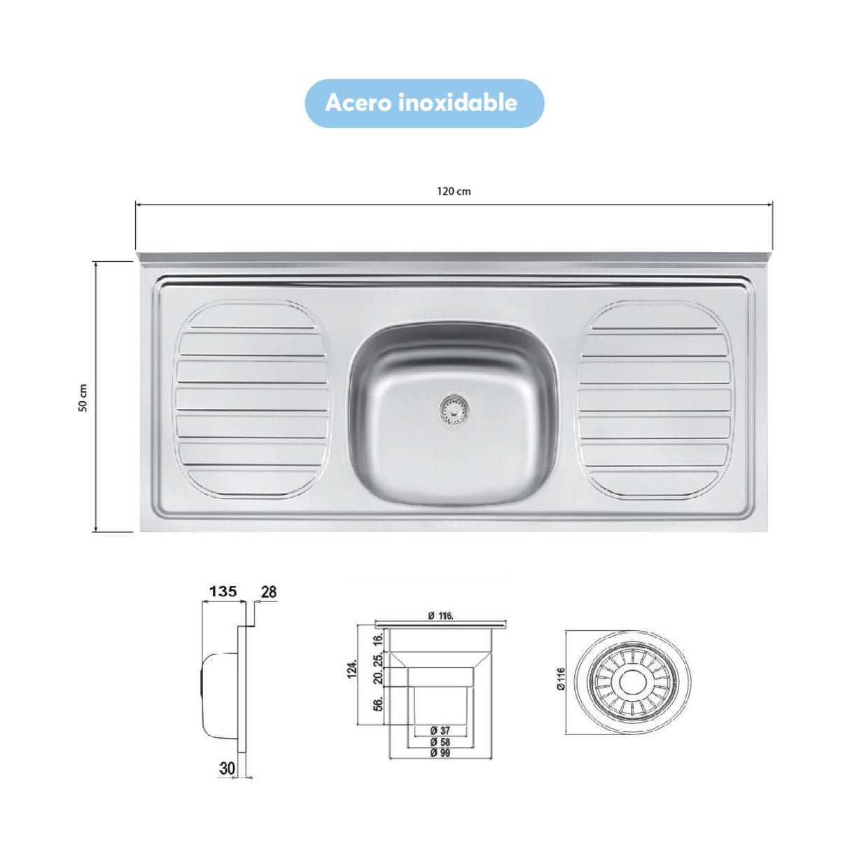Mueble Inferior de Cocina Axe Blanco 120x85.5cm con Mesón de Acero Inoxidable de Pozuelo Centro y sin Estufa