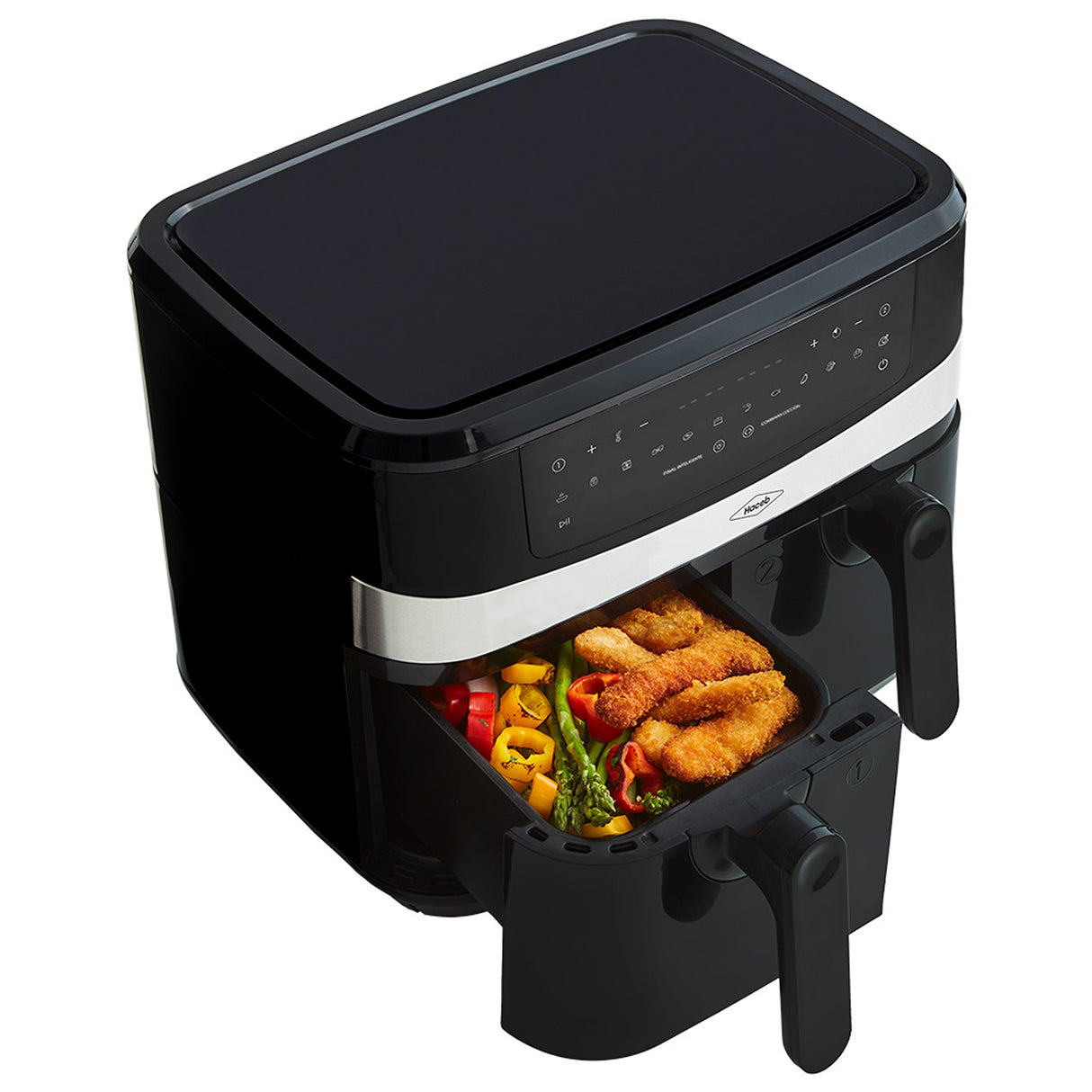 Freidora de Aire Haceb Negro 44.5x32.8cm de 8 Litros con Pantalla Digital con Dos Compartimientos de Cocción y con 12 Funciones Preconfiguradas