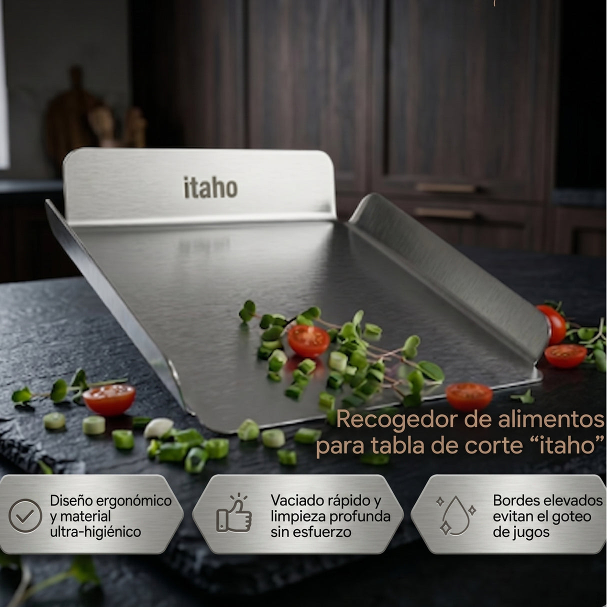 Tabla de Picar Plateado 38x2cm Para Asados con Recogedor