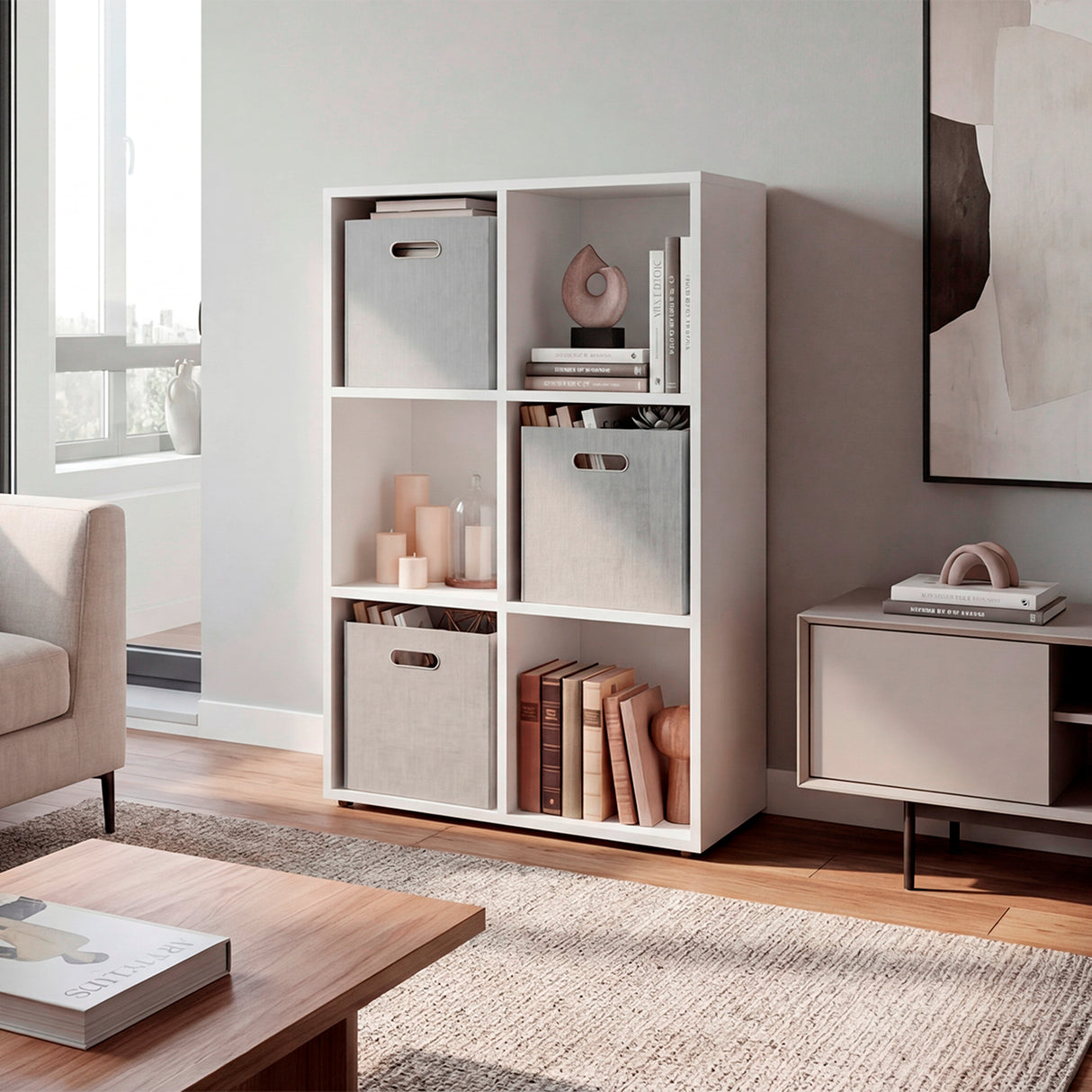 Mueble Organizador Lena Blanco 61.8x92cm de Tres Hileras con Tres Cajas de Tela