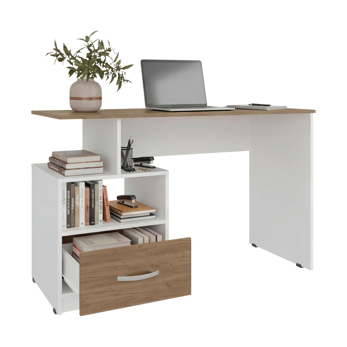Escritorio Kenly Fresno y Blanco 120x75cm con Un Cajón