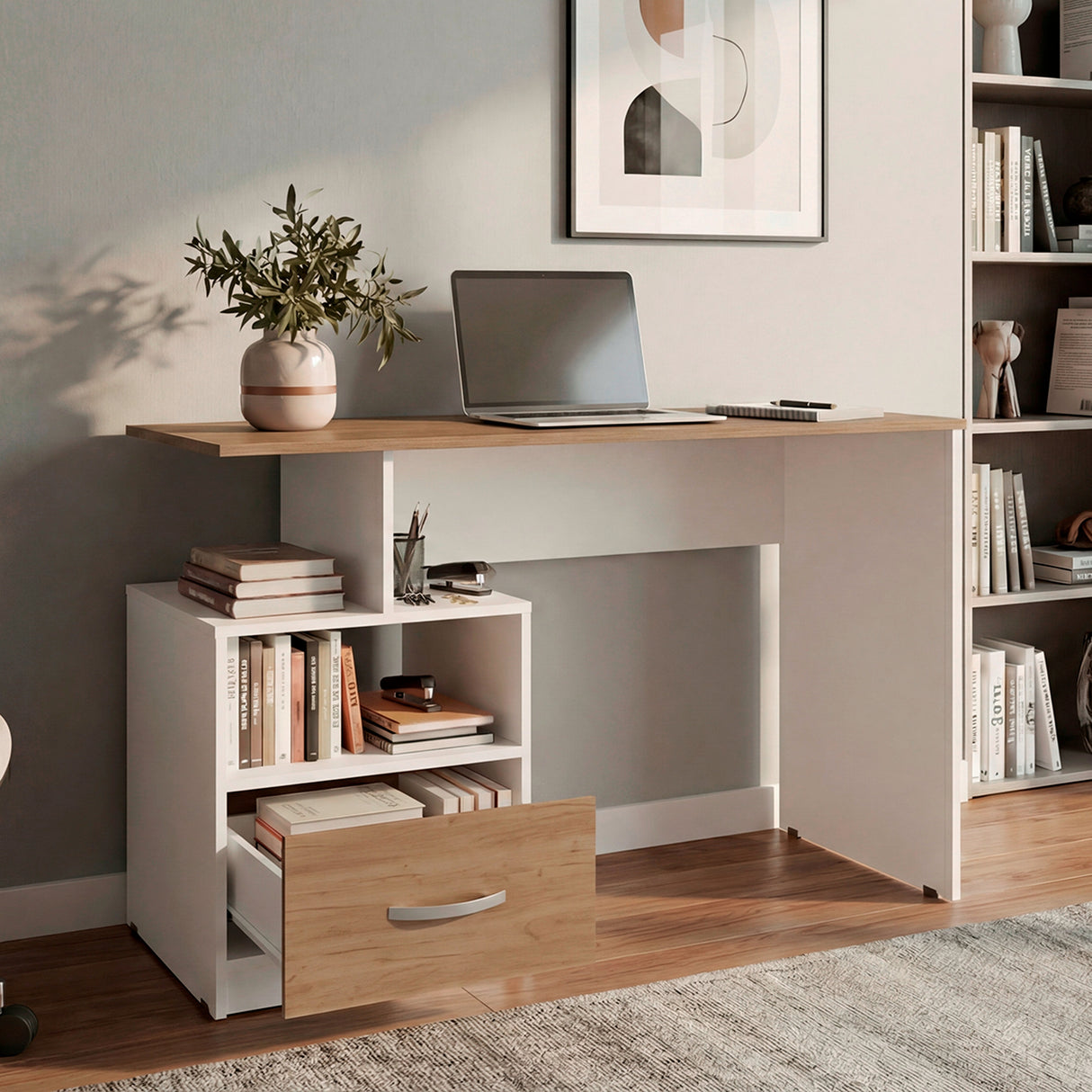 Escritorio Kenly Fresno y Blanco 120x75cm con Un Cajón