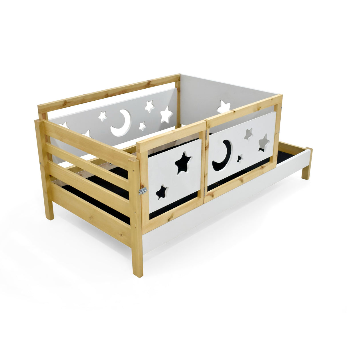 Cama Cuna Nara Matiz Natural y Blanco 106x87cm Para Colchón Sencillo 100x190 cm con Cabecero y sin Colchón