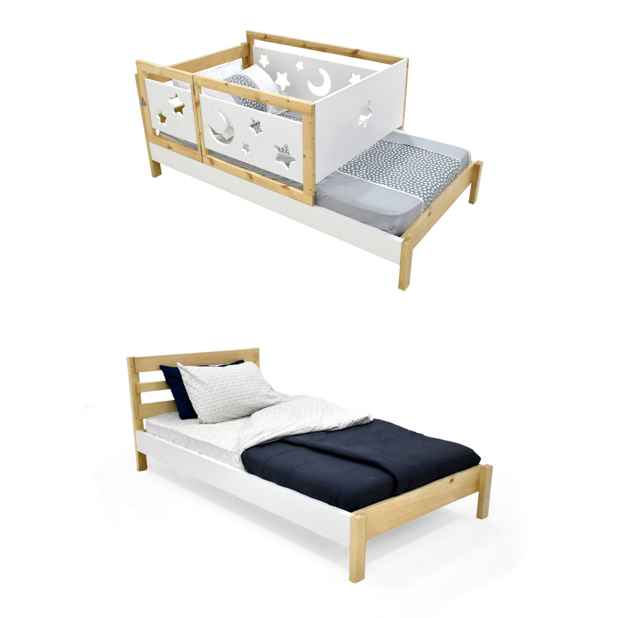 Cama Cuna Nara Matiz Natural y Blanco 106x87cm Para Colchón Sencillo 100x190 cm con Cabecero y sin Colchón