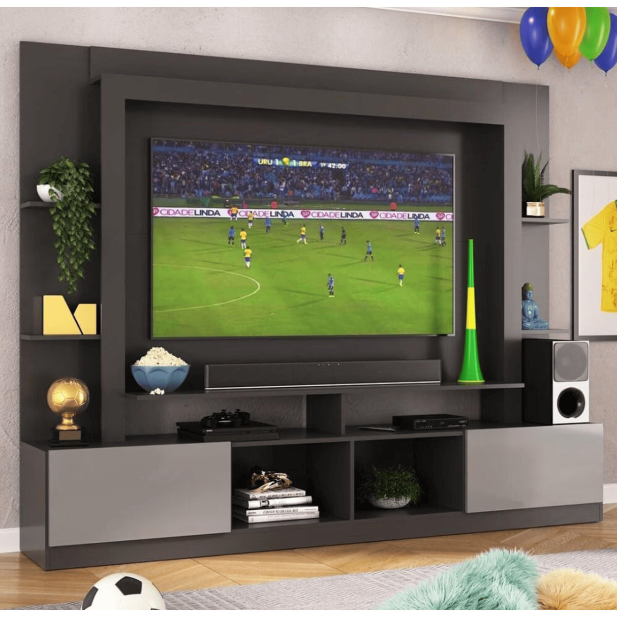 Centro de Entretenimiento Negro 213x171cm para TV Hasta 65" Pulgadas con Trece Compartimientos con Ranura para Cables