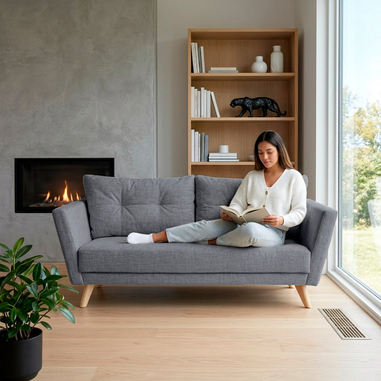 Sofá Grecia Gris y Matiz Natural 192x84cm de Tres Puestos y con Apoya Brazos