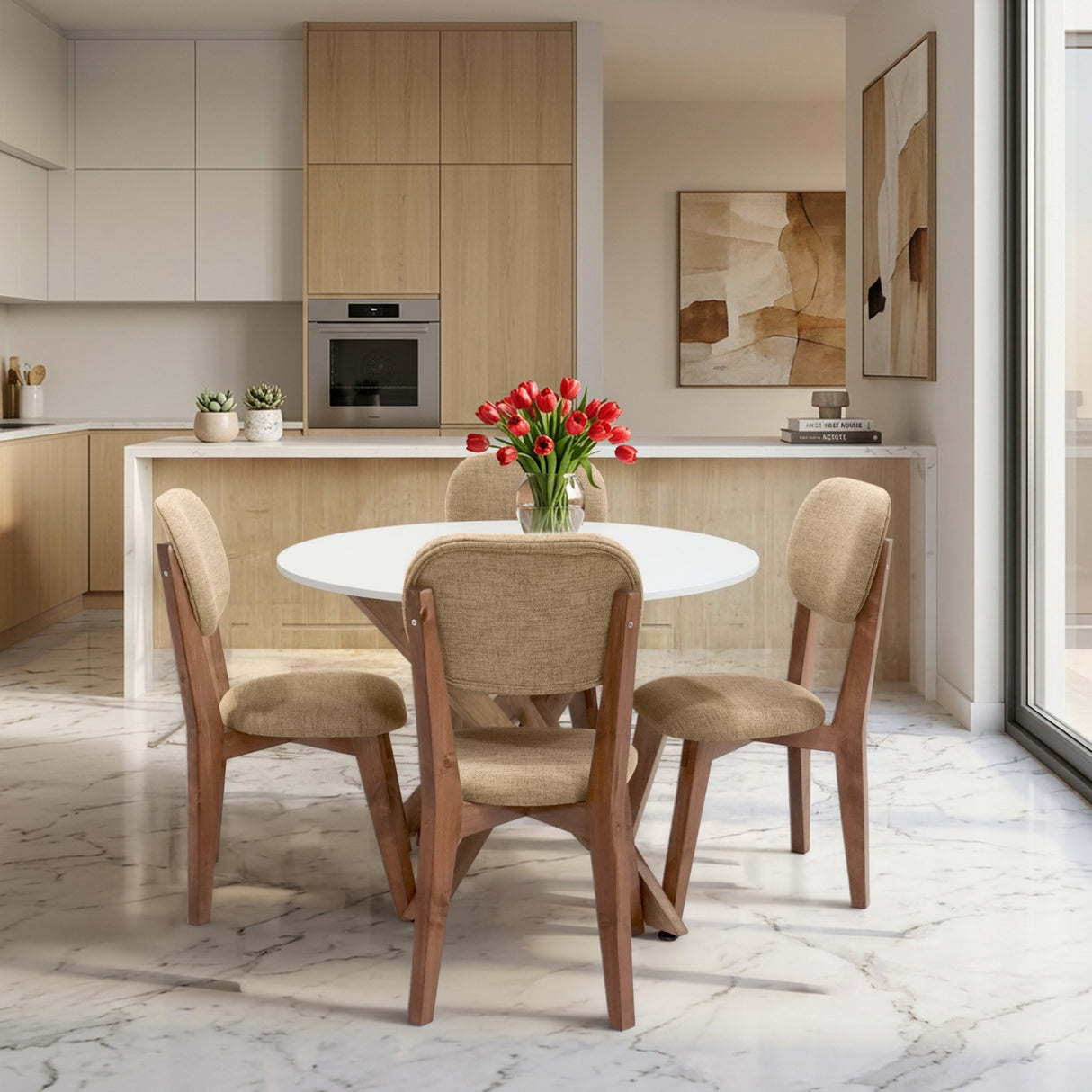 Juego de comedor Luxor Blanco y Beige 105x76.5cm Circular de Cuatro Puestos con Cuatro Sillas