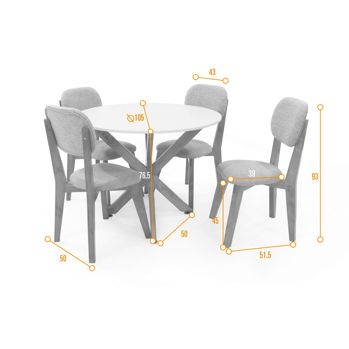 Juego de comedor Luxor Blanco y Beige 105x76.5cm Circular de Cuatro Puestos con Cuatro Sillas