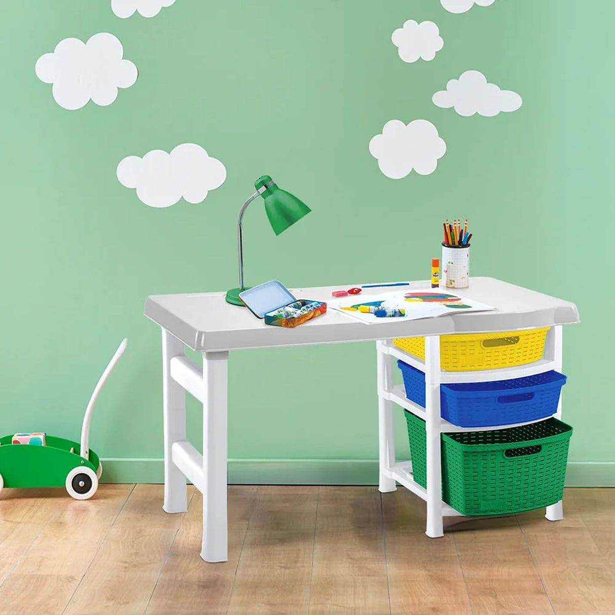 Combo Estudio Infantil Blanco y Azul 88x50cm con Un Escritorio Una Silla y Un Armario