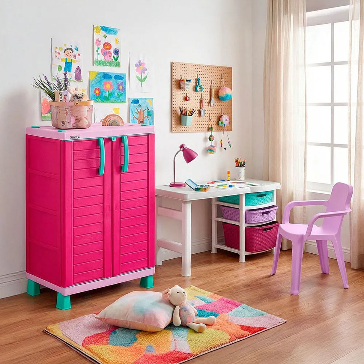 Combo Estudio Infantil Blanco y Rosado 88x50cm con Un Escritorio Una Silla y Un Armario