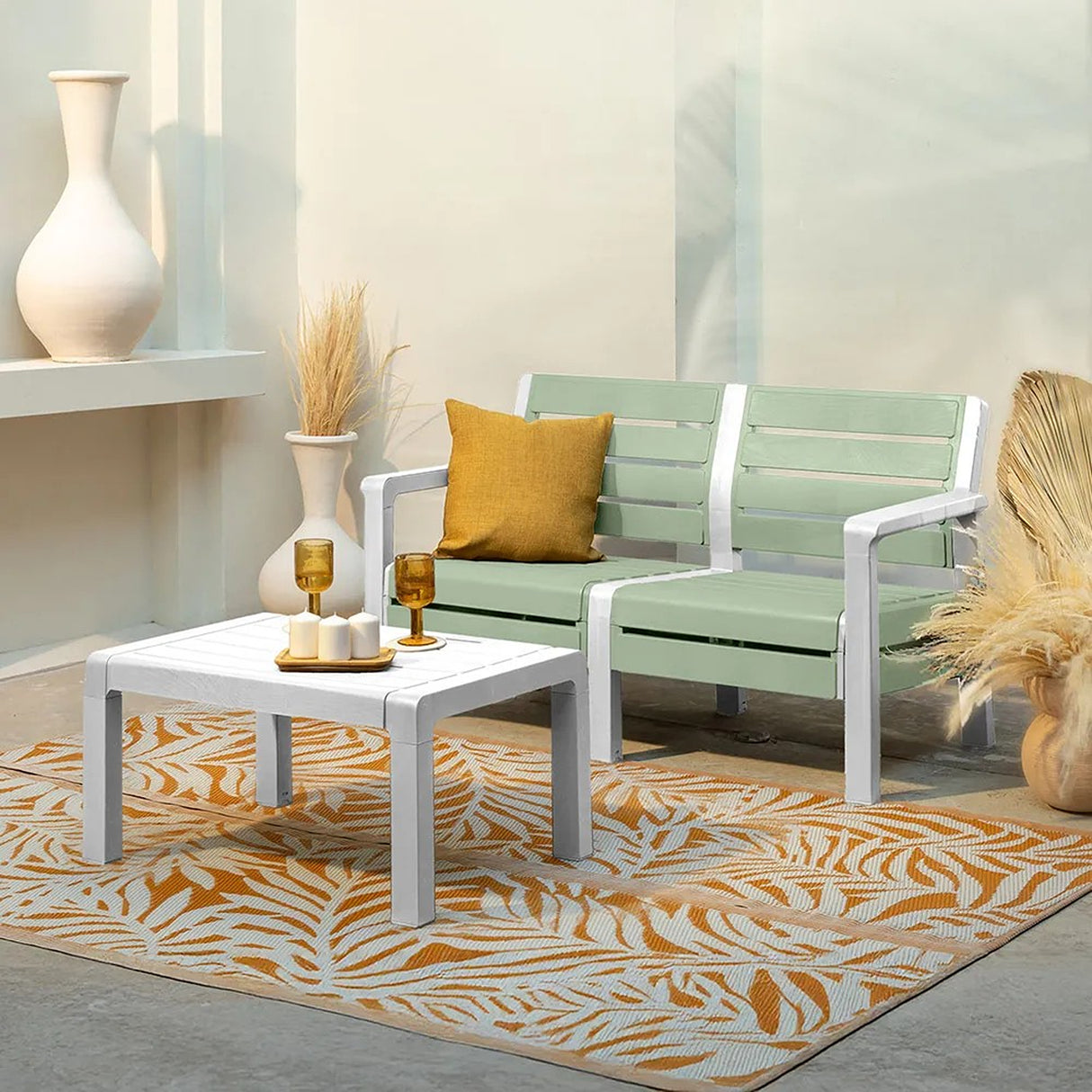 Combo Sofá Barú Verde y Blanco 131x74.5cm de Dos Puestos con Una Mesa de Centro