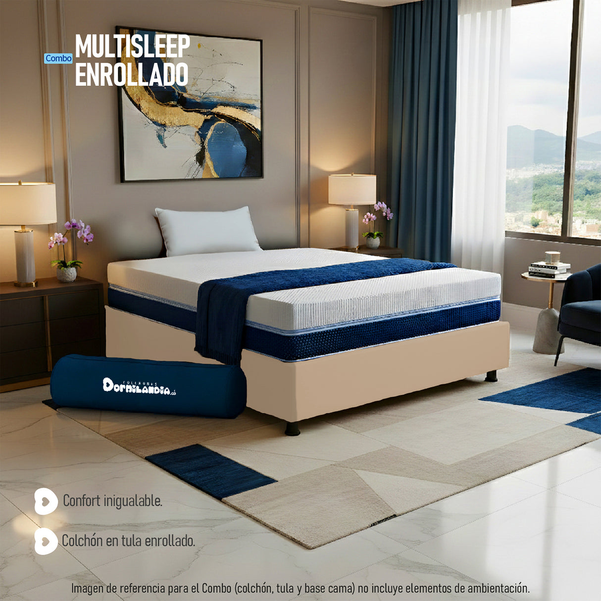 Combo Base Cama y Colchón Enrollado Multisleep Blanco y Arena Sencillo 100 X 190 Cm Firmeza Medio Doble Faz