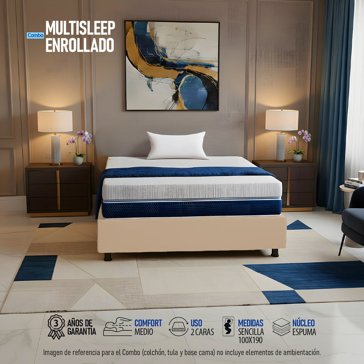 Combo Base Cama y Colchón Enrollado Multisleep Blanco y Arena Sencillo 100 X 190 Cm Firmeza Medio Doble Faz