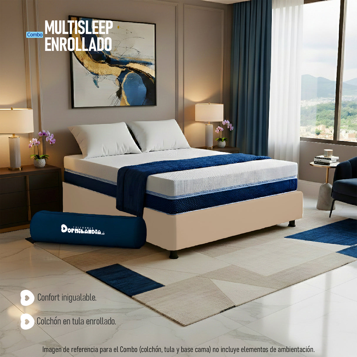 Combo Base Cama y Colchón Enrollado Multisleep Blanco y Arena Doble 140 X 190 Cm Firmeza Medio Doble Faz