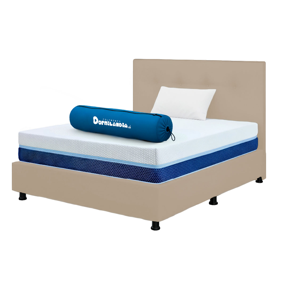 Combo Colchón Enrollado Multisleep Blanco y Arena Sencillo 100 X 190 Cm Firmeza Medio Doble Faz Con Cabecero y Base Cama