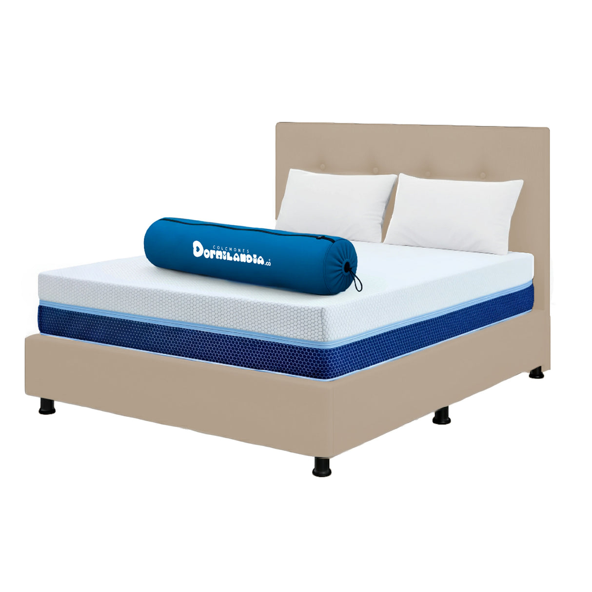 Combo Colchón Enrollado Multisleep Blanco y Arena Semidoble 120 X 190 Cm Firmeza Medio Doble Faz Con Cabecero y Base Cama