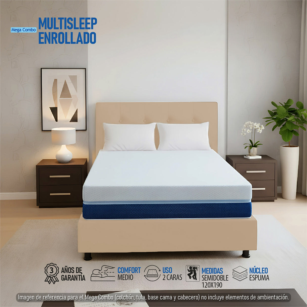 Combo Colchón Enrollado Multisleep Blanco y Arena Semidoble 120 X 190 Cm Firmeza Medio Doble Faz Con Cabecero y Base Cama