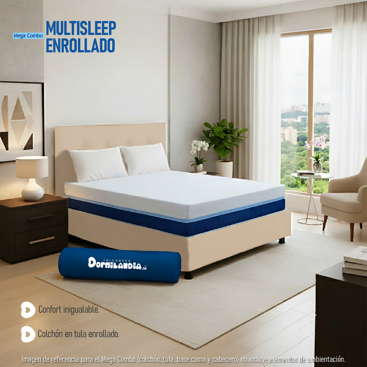 Combo Colchón Enrollado Multisleep Blanco y Arena Queen 160 X 190 Cm Firmeza Medio Doble Faz Con Cabecero y Base Cama