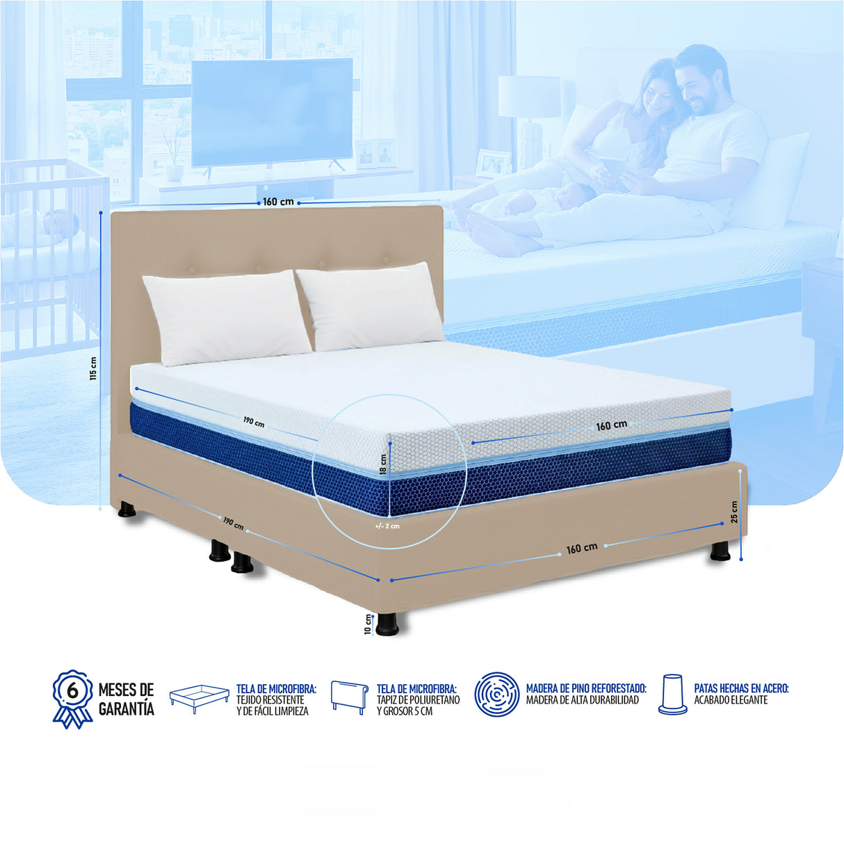 Combo Colchón Enrollado Multisleep Blanco y Arena Queen 160 X 190 Cm Firmeza Medio Doble Faz Con Cabecero y Base Cama