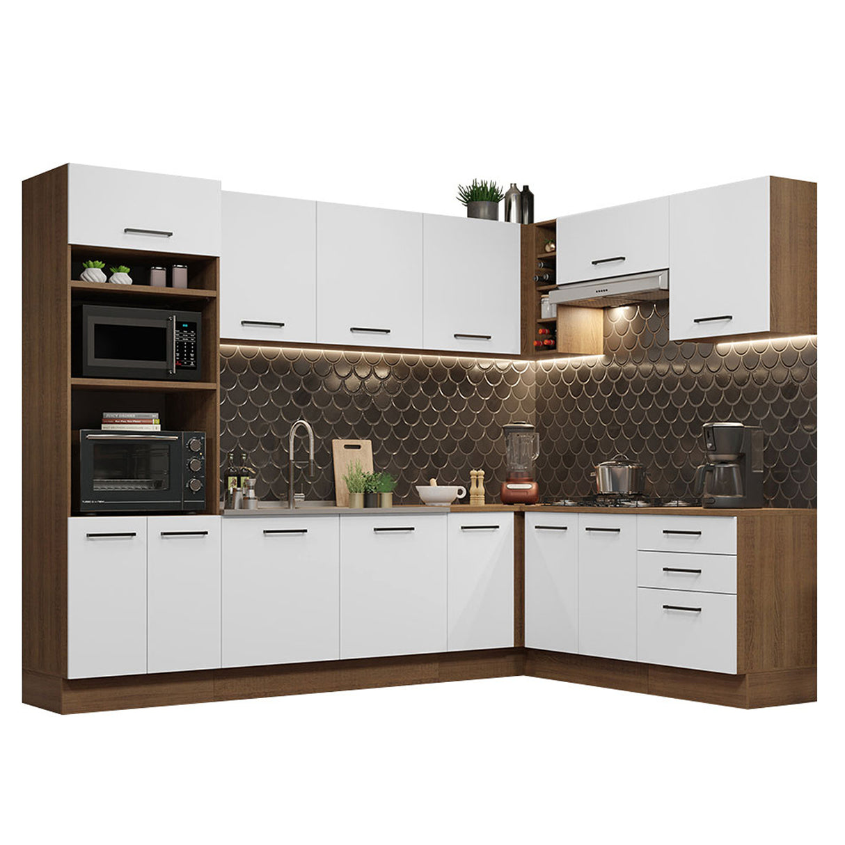 Cocina Integral Agata Marrón y Blanco 479x225cm sin Mesón para Pozuelo Izquierda y sin Estufa