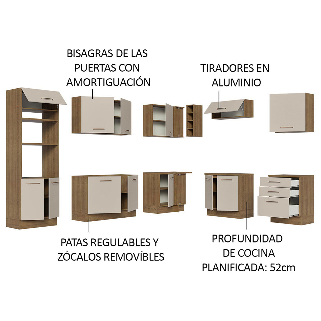 Cocina Integral Agata Marrón y Crema 479x225cm sin Mesón para Pozuelo Izquierda y sin Estufa