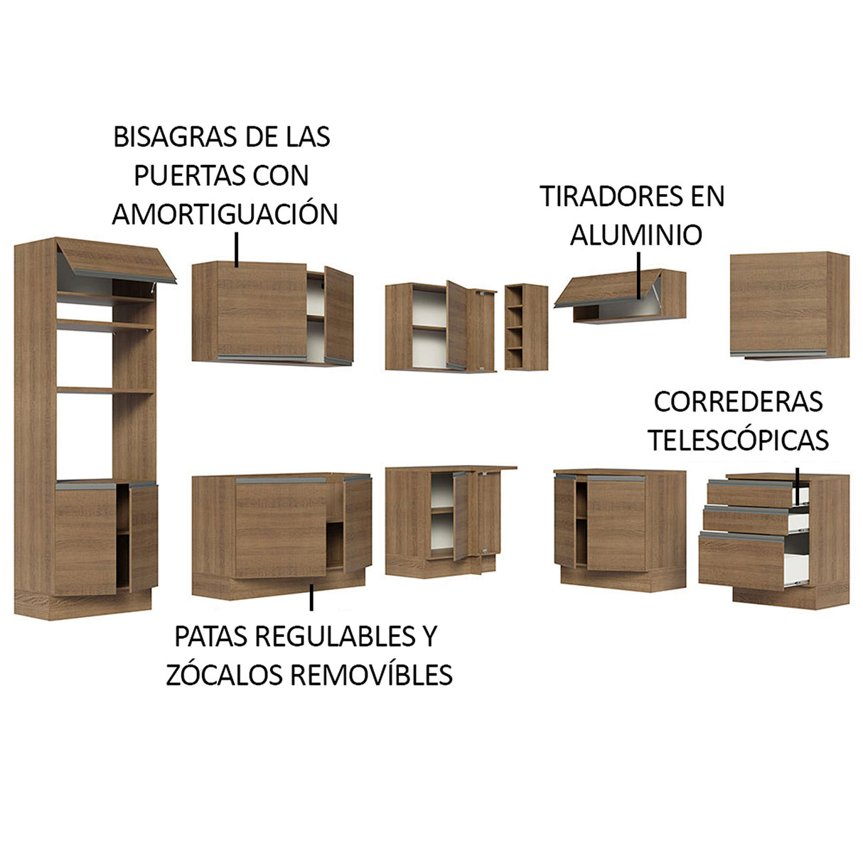Cocina Integral Glamy Marrón 479x225cm sin Mesón para Pozuelo Izquierda y sin Estufa